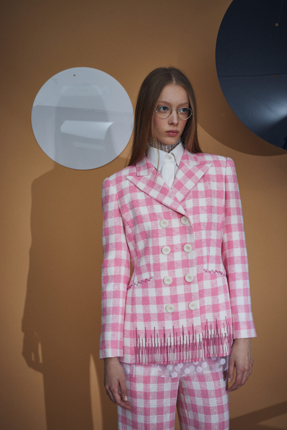 Pink Wool Metal-fringed Trailored Jacket with Vitnage Buttons