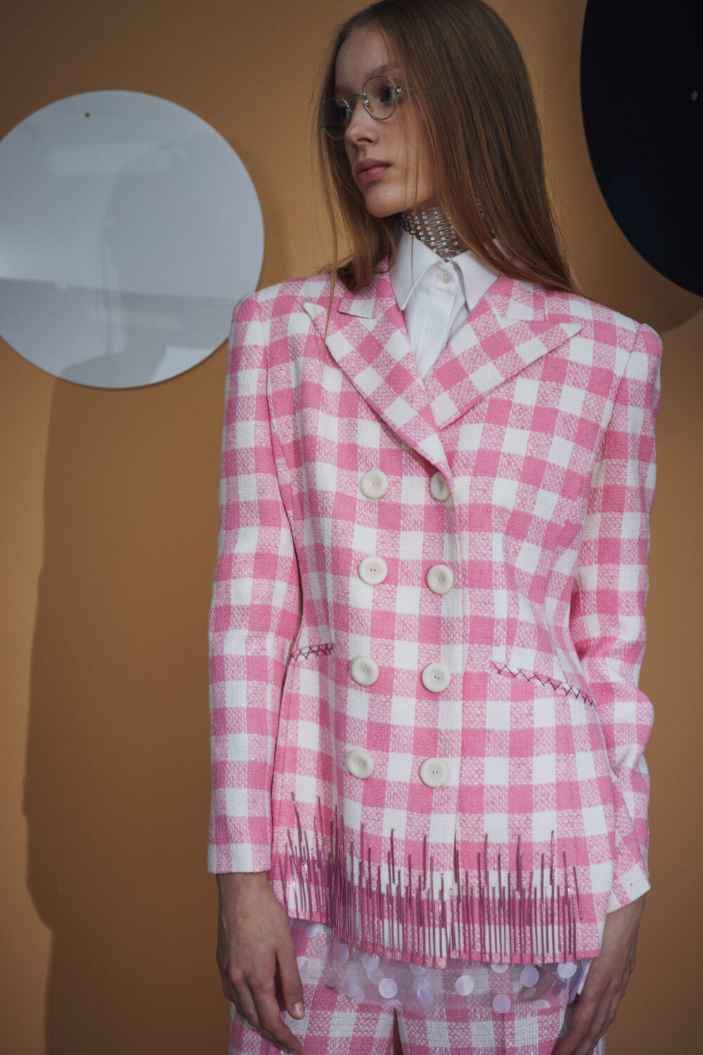 Pink Wool Metal-fringed Trailored Jacket with Vitnage Buttons