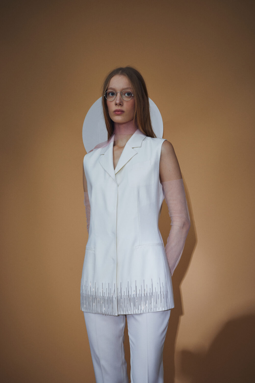 White Wool Metal-fringed Sleeveless Jacket