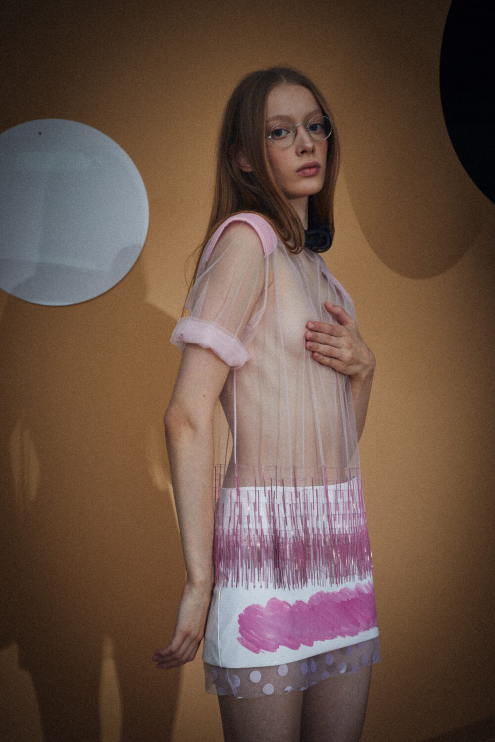 [Special Craftsmanship]Metal-Fringed Embroidery Pink Tulle Chemise