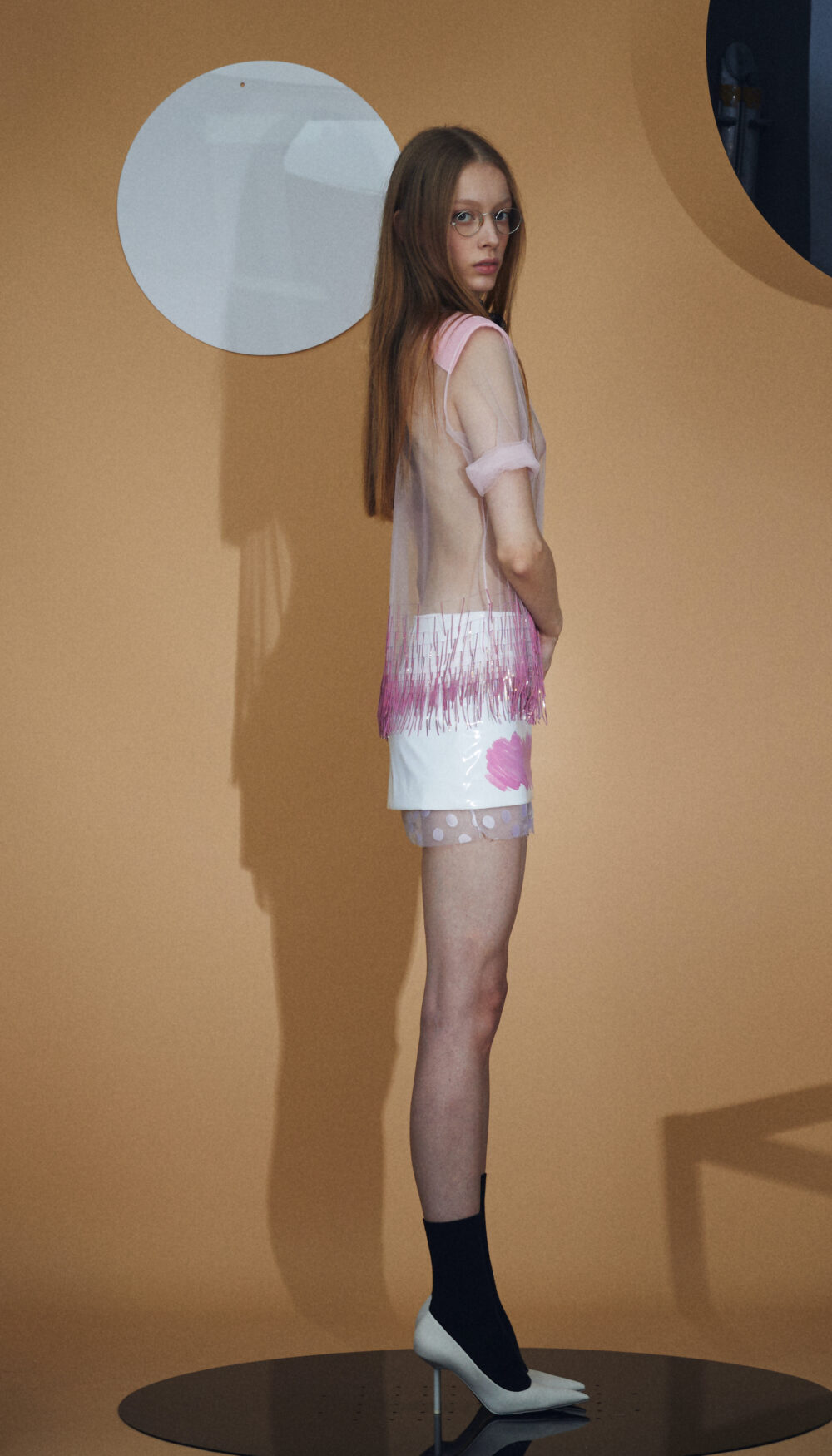 [Special Craftsmanship]Metal-Fringed Embroidery Pink Tulle Chemise