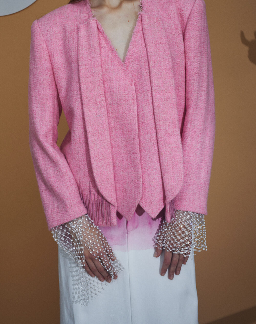 Pink Metal-fringed Vest Attachable Wool Jacket with Jewel Objects