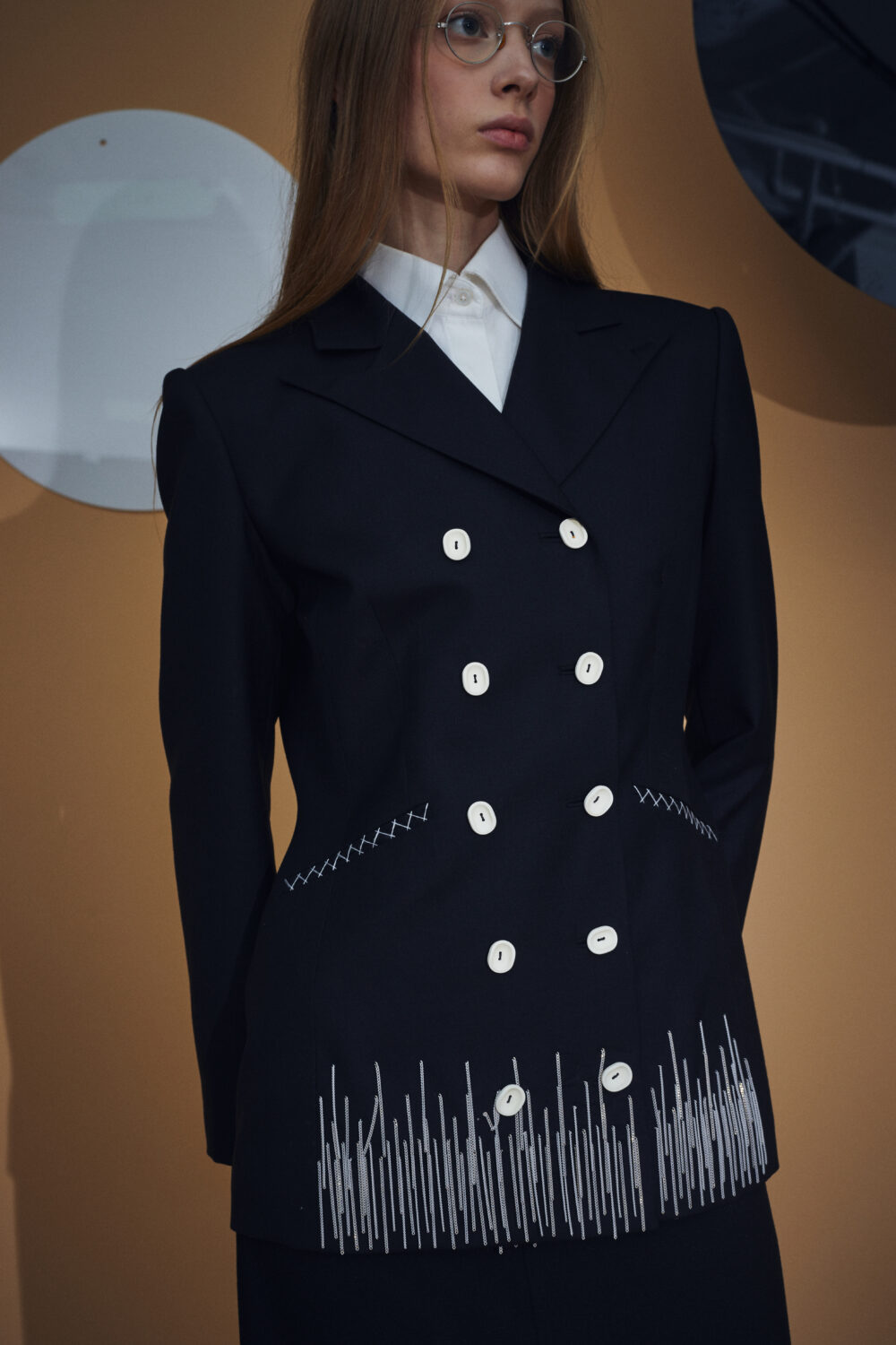 Black trailored Wool Metal fringed Jacket with Vintage Buttons