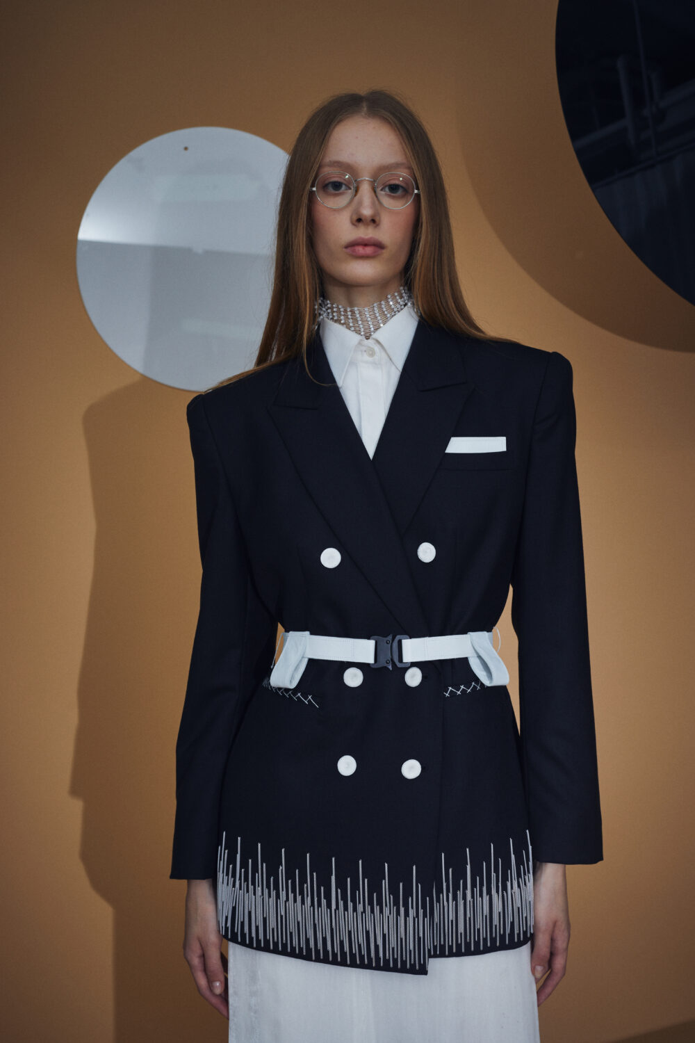 Double Button-up Wool Tailored Jacket with Metal-finged and Leather Belt