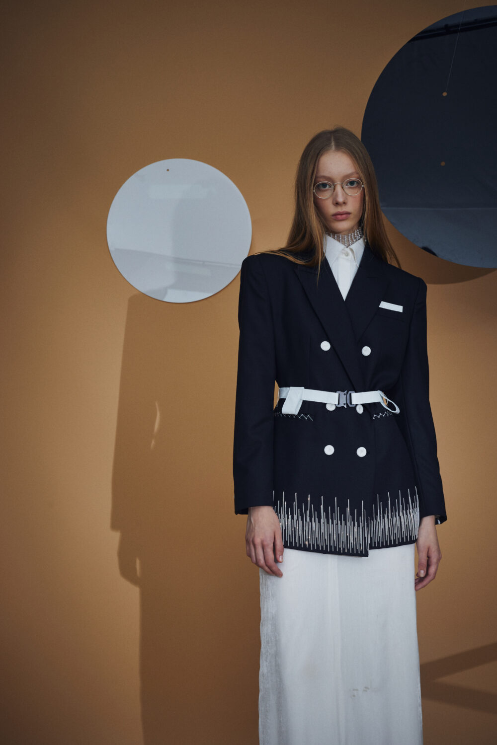 Double Button-up Wool Tailored Jacket with Metal-finged and Leather Belt